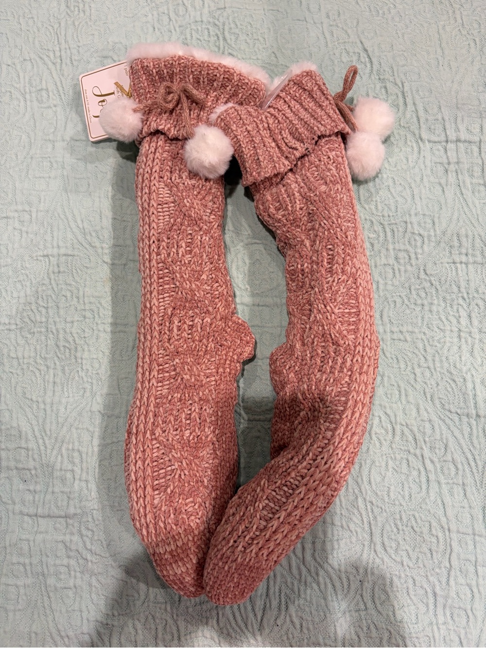 Joy Brand, Knit Pom-Pom Slipper Socks - Dusty Rose, Knee High.